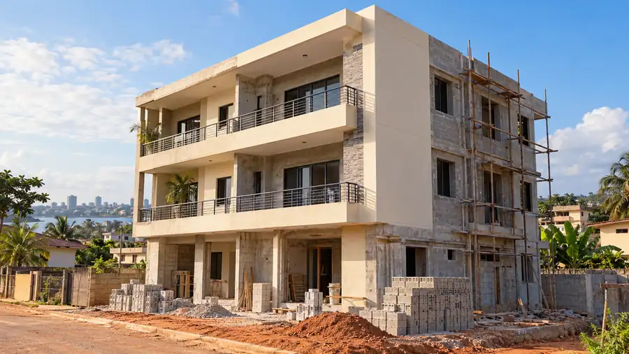 Chantier d'un immeuble R+2 à Abidjan avec vue sur la lagune