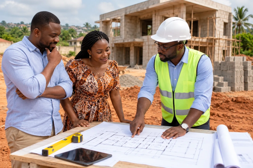 Couple et ingénieur étudiant un plan de construction sur un chantier en Côte d’Ivoire