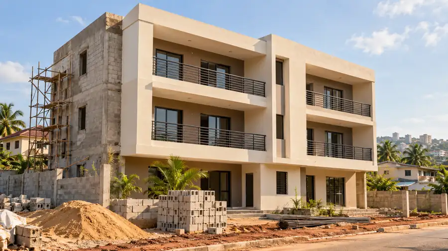 Immeuble R+2 en construction à Abidjan, façade avec balcons et échafaudages